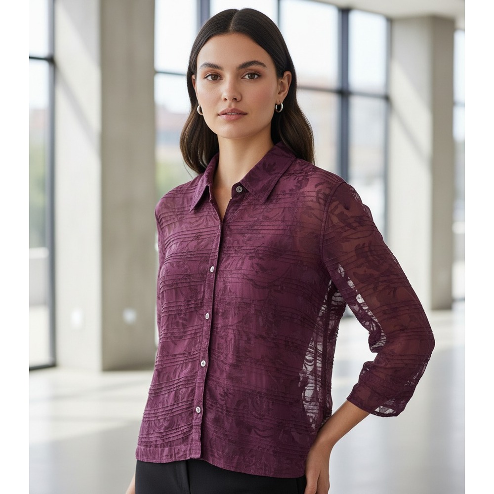Mirasol Top Burgundy‎ Sheer Button Burnout Office Indie Artsy Boho Chic Size M